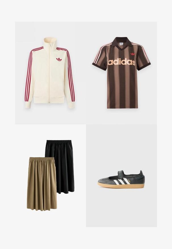 Krémová bežecká bunda na zips s červenými tromi pruhmi na rukávoch a červeným logom Adidas trefoil na hrudi.; Hnedé prúžkované polo tričko Adidas s výstrihom do V, bordovým golierom a červeným logom. Má bielo-červené pruhy na ramenách a krátke rukávy.; Dvoje sukne po kolena: jedny čierne a jedny khaki. Obe majú elastický pás a prúdivý strih z jemnej, textúrovanej látky.; Čierne kožené a zamšové tenisky s Velcro pásikom, s tromi bielymi pruhmi a gumenou podrážkou, označené nápisom "SAMBA" na boku.