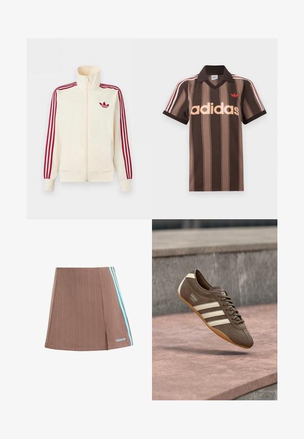 Roomkleurig trainingsjack met ritssluiting, rode drie-strepen op de mouwen en een rood Adidas trefoil-logo op de borst.; Bruine gestreepte Adidas polo met V-hals, bordeauxrode kraag en rood logo. Heeft witte en rode schouderstrepen, korte mouwen.; Bruine geplooide skort met blauwe zijstrepen en logo. Kenmerkt zich door een strakke uitstraling, subtiele textuur en een rechte zoom.; Bruine suède sneaker met witte strepen en merklogo's, voorzien van een ronde neus en een zool van tandgumrubber, zwevend boven een getextureerd oppervlak.
