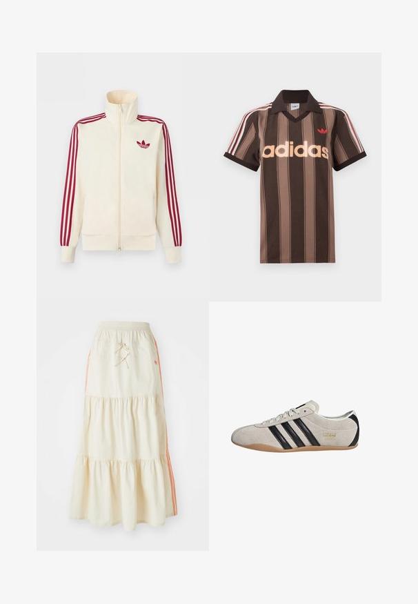 Krémová bežecká bunda na zips s červenými tromi pruhmi na rukávoch a červeným logom Adidas trefoil na hrudi.; Hnedé prúžkované polo tričko Adidas s výstrihom do V, bordovým golierom a červeným logom. Má bielo-červené pruhy na ramenách a krátke rukávy.; Svetlo krémová midi sukňa v tierovanom štýle s elastickým pásom a šnúrkou na stiahnutie. Má oranžové bočné pruhy a mäkkú, hladkú bavlnenú textúru.; Semišové tenisky so šedým zvrškom, čiernymi pruhmi a gumovou podrážkou. Majú šnurovanie a zlatý logový detail na boku.