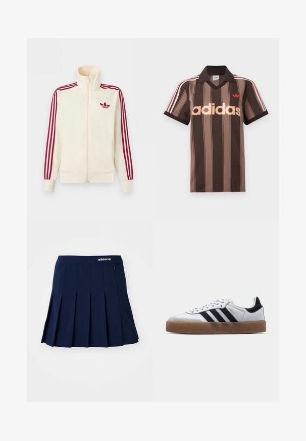 Cremefarbener Trainingsjacke mit Reißverschluss, mit roten Drei-Streifen-Details an den Ärmeln und rotem Adidas-Trefoil-Logo auf der Brust.; Braunes gestreiftes Adidas-Poloshirt mit V-Ausschnitt, bordeauxrotem Kragen und rotem Logo. Mit weißen und roten Schulterstreifen, kurzen Ärmeln.; Marineblauer Faltenrock aus leichtem Stoff; verfügt über einen elastischen Bund und eine kleine Reißverschlusstasche, mit einem weißen Adidas-Logo auf der Vorderseite.; Weiße Leder Sneakers mit schwarzen Streifen, Gummigummi-Außensohle, runder Zehenform, Schnürverschluss und weichem grauem Wildleder-Zehenkappe.