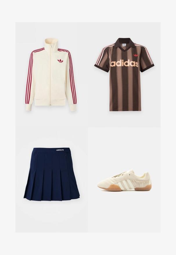 Krémová bežecká bunda na zips s červenými tromi pruhmi na rukávoch a červeným logom Adidas trefoil na hrudi.; Hnedé prúžkované polo tričko Adidas s výstrihom do V, bordovým golierom a červeným logom. Má bielo-červené pruhy na ramenách a krátke rukávy.; Námornícky skládací sukňa vyrobená z ľahkého materiálu; má elastický pás a malú zipsovú kapsu, s bielym logom Adidas vpredu.; Nízky béžový teniska s tromi bielymi pruhmi, textúrovanými semišovými bočnými panelmi, gumovou podrážkou a šnurovaním na jednofarebnom pozadí.