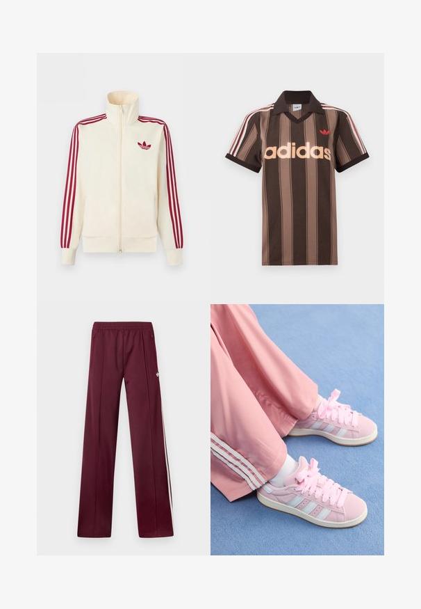 Chaqueta deportiva crema con cremallera y detalle de tres rayas rojas en las mangas, junto con el logo trefoil de Adidas en rojo en el pecho.; Polo Adidas marrón con rayas, cuello en V, cuello burdeos y logo rojo. Presenta rayas blancas y rojas en los hombros, mangas cortas.; Pantalones deportivos burdeos con cinturilla elástica, bolsillos laterales con cremallera, rayas blancas a los lados y un pequeño logotipo blanco de Adidas en el muslo derecho.; Zapatillas deportivas rosas con rayas azul claro, puntera redonda y cordones gruesos rosas, combinadas con pantalones de chándal rosas que tienen rayas laterales blancas.