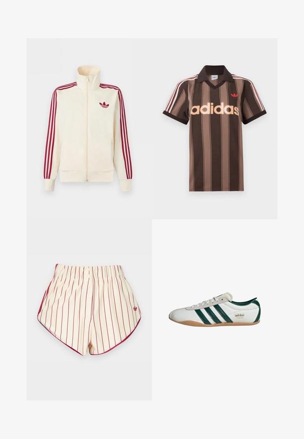 Kermanvärinen vetoketjullinen vetopaita, jossa punaiset kolmen raidan yksityiskohdat hihoissa ja punainen Adidas-trefoil-logo rinnassa.; Ruskearaidallinen Adidas-pikeepaita, jossa on V-aukko, viininpunainen kaulus ja punainen logo. Paidassa on valkoiset ja punaiset olkapääraidat sekä lyhyet hihat.; Kermanväriset shortsit, joissa pystysuorat punaiset raidat, joustava vyötärönauha, kaksi edessä olevaa nappia ja punainen reunus kaarevien helmien kohdalla.; Valkoiset tennarit, joissa on vihreät raidat, mokkanahkaa ja synteettistä päällystä, kuminen pohja, pyöreä kärki ja "adidas TOKYO" -logotieto.