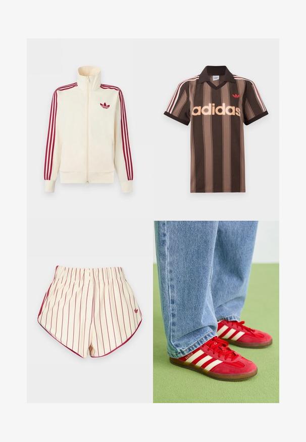 Kremfarvet lynlås-træningsjakke med rødt tre-stribe-detalje på ærmerne og rødt Adidas trefoil-logo på brystet.; Brunstribet Adidas polo-shirt med V-hals, bordeaux krave og rødt logo. Har hvide og røde skulderstriber samt korte ærmer.; Kremshorts med lodrette røde striber, elastisk taljebånd, to knapper foran og røde kanter langs buede kanter.; Røde ruskinds sneakers med tre hvide striber, rund tå og tekstureret sål, parret med lyseblå denim jeans på en grøn baggrund.