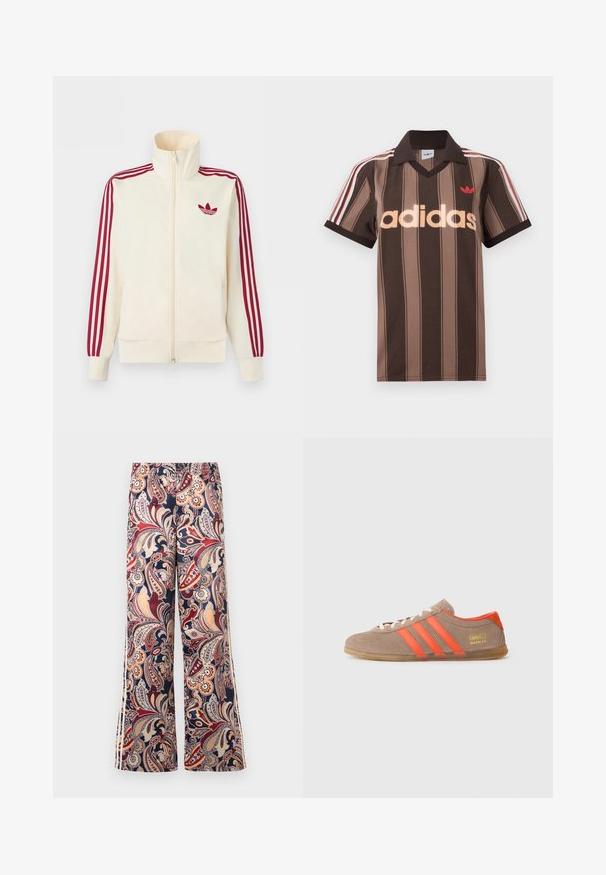 Cremefarbener Trainingsjacke mit Reißverschluss, mit roten Drei-Streifen-Details an den Ärmeln und rotem Adidas-Trefoil-Logo auf der Brust.; Braunes gestreiftes Adidas-Poloshirt mit V-Ausschnitt, bordeauxrotem Kragen und rotem Logo. Mit weißen und roten Schulterstreifen, kurzen Ärmeln.; Weit geschnittene Hosen mit elastischem Bund, versehen mit einem bunten Paisley-Muster in Rot-, Beige-, Marine- und Orangetönen.; Braune Wildleder-Sneaker mit drei leuchtend orangefarbenen Streifen, Schnürung vorne und goldenem "Gazelle"-Branding an der Seite. Flache Gummisohle.