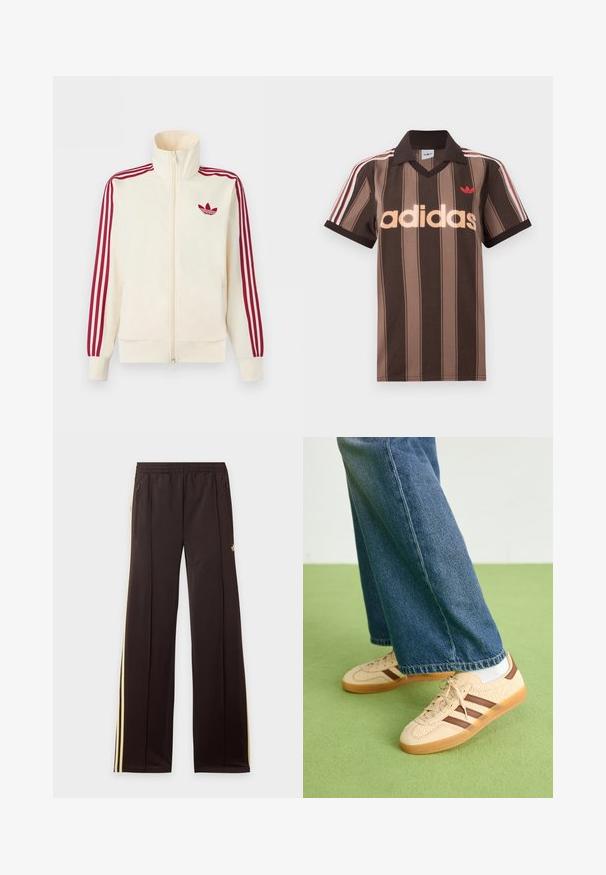 Krémová bežecká bunda na zips s červenými tromi pruhmi na rukávoch a červeným logom Adidas trefoil na hrudi.; Hnedé prúžkované polo tričko Adidas s výstrihom do V, bordovým golierom a červeným logom. Má bielo-červené pruhy na ramenách a krátke rukávy.; Čierne tepláky so žltými bočnými pruhmi, elastickým pásom, bočnými vreckami na zips a malým logom na hornej časti stehna.; Béžové tenisky s textúrovanými krémovými panelmi a hnedými pruhmi, skombinované s modrými džínsami. Džínsy majú široké nohavice a roztrhnutý lem.