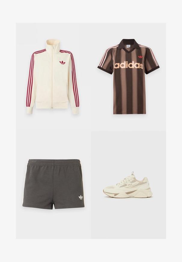 Kremfarvet lynlås-træningsjakke med rødt tre-stribe-detalje på ærmerne og rødt Adidas trefoil-logo på brystet.; Brunstribet Adidas polo-shirt med V-hals, bordeaux krave og rødt logo. Har hvide og røde skulderstriber samt korte ærmer.; Mørkegrå atletikshorts med elastisk taljebånd, hvid Adidas-logo nederst til højre og hvide striber langs siderne.; Cremefarvet og beige FILA sneaker med mesh-paneler, kraftig sål og snørebåndsdesign, vist fra siden på en ensfarvet baggrund.