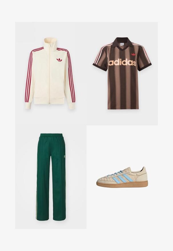 Kreemikas tõmblukuga spordijakk, millel on punased kolmerealised triibud varrukatel ja punane Adidas trefoil logo rinnal.; Pruunide triipudega Adidas polotee, V-kaelusega, bordeau krae ja punase logoga. Omad valge ja punase triibuga õlad ning lühikesed varrukad.; Tumed roheline sportlikud püksid, mis on lõdvema lõikega, koos paelaga vöökohas, küljetaskute ja kreemjate triipudega külgedel.; Beežid tossud, millel on tekstuurne kudumine, helesinised triibud ja pruun kummitald. Omab ümmargusi paelu ja logo detaili küljel.