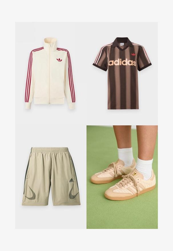 Cremefarbener Trainingsjacke mit Reißverschluss, mit roten Drei-Streifen-Details an den Ärmeln und rotem Adidas-Trefoil-Logo auf der Brust.; Braunes gestreiftes Adidas-Poloshirt mit V-Ausschnitt, bordeauxrotem Kragen und rotem Logo. Mit weißen und roten Schulterstreifen, kurzen Ärmeln.; Hellbeige sportliche Shorts aus leichtem Stoff, mit dunkelgrünen Seitenstreifen, einem elastischen Bund und Logo-Akzenten.; Füße in beigen, gewebten Adidas-Sneakern mit Gummisohlen und weißen Knöchelsocken auf grüner texturierter Fläche.