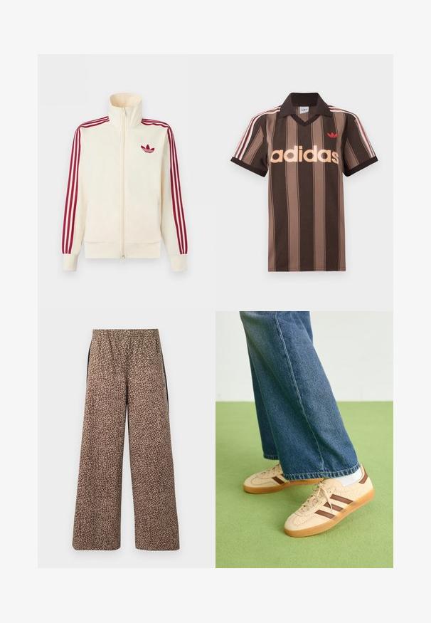Chaqueta deportiva crema con cremallera y detalle de tres rayas rojas en las mangas, junto con el logo trefoil de Adidas en rojo en el pecho.; Polo Adidas marrón con rayas, cuello en V, cuello burdeos y logo rojo. Presenta rayas blancas y rojas en los hombros, mangas cortas.; Pantalones marrones de pierna ancha con un patrón de estampado animal beige, cintura elástica y franjas laterales negras a contraste. Textura suave de la tela.; Zapatillas beige con paneles de crema texturizados y rayas marrones, combinadas con unos jeans de mezclilla azul. Los jeans tienen un corte de pierna ancha y dobladillo deshilachado.