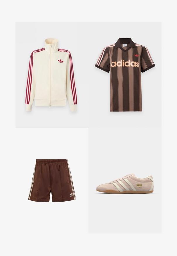 Chaqueta deportiva crema con cremallera y detalle de tres rayas rojas en las mangas, junto con el logo trefoil de Adidas en rojo en el pecho.; Polo Adidas marrón con rayas, cuello en V, cuello burdeos y logo rojo. Presenta rayas blancas y rojas en los hombros, mangas cortas.; Pantalones cortos deportivos marrones hechos de una tela suave con un corte relajado, que presentan franjas laterales blancas y un logo bordado en el bajo izquierdo.; adidas Originals TOKYO - Zapatillas - quartz/off white