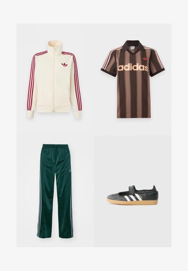 Kremfarvet lynlås-træningsjakke med rødt tre-stribe-detalje på ærmerne og rødt Adidas trefoil-logo på brystet.; Brunstribet Adidas polo-shirt med V-hals, bordeaux krave og rødt logo. Har hvide og røde skulderstriber samt korte ærmer.; Mørkegrønne træningsbukser lavet af skinnende materiale, med sidelister i lys grå og et broderet logo på venstre ben.; Sort læder- og ruskinds sneakers med en Velcro-rem, der har tre hvide striber og en gummisål, mærket "SAMBA" på siden.