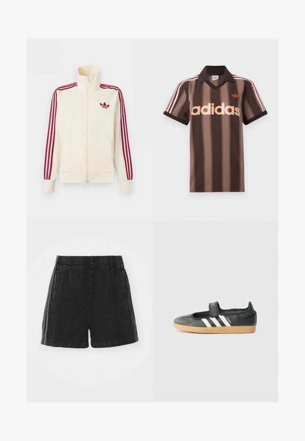 Krémová bežecká bunda na zips s červenými tromi pruhmi na rukávoch a červeným logom Adidas trefoil na hrudi.; Hnedé prúžkované polo tričko Adidas s výstrihom do V, bordovým golierom a červeným logom. Má bielo-červené pruhy na ramenách a krátke rukávy.; Čierne denimové šortky s elastickým pásom, bočnými zipsovými vreckami a kontrastnými bočnými pruhmi. Štruktúra s opotrebovaným efektom a dĺžka nad kolená.; Čierne kožené a zamšové tenisky s Velcro pásikom, s tromi bielymi pruhmi a gumenou podrážkou, označené nápisom "SAMBA" na boku.