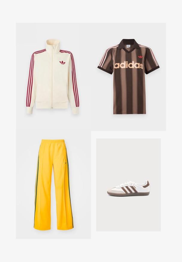 Kermanvärinen vetoketjullinen vetopaita, jossa punaiset kolmen raidan yksityiskohdat hihoissa ja punainen Adidas-trefoil-logo rinnassa.; Ruskearaidallinen Adidas-pikeepaita, jossa on V-aukko, viininpunainen kaulus ja punainen logo. Paidassa on valkoiset ja punaiset olkapääraidat sekä lyhyet hihat.; Keltaiset urheiluhousut, joissa on leveät lahkeet. Housuissa on vihreät sivusuunnat ja pieni logo vasemmassa lantiossa. Mukavuuden takaava elastinen vyötärö.; adidas Originals SAMBA - Matalavartiset tennarit - white/earth strata/gum