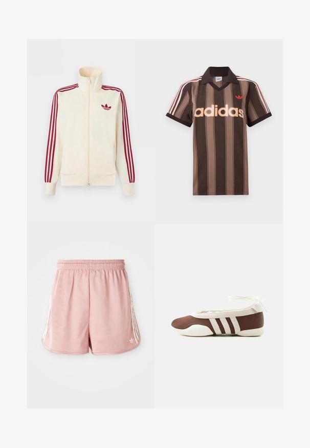 Kremfarvet lynlås-træningsjakke med rødt tre-stribe-detalje på ærmerne og rødt Adidas trefoil-logo på brystet.; Brunstribet Adidas polo-shirt med V-hals, bordeaux krave og rødt logo. Har hvide og røde skulderstriber samt korte ærmer.; Lyserøde atletiske shorts med elastisk talje, hvid stribe detaljering på siden og et lille logo på den nederste venstre forside. Glat stofstruktur.; Brun og hvid balletflad sko med tre hvide striber og ankelbånds sløjfe på en ensartet lys baggrund.