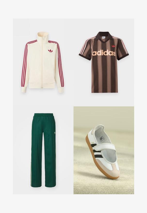 Krémová bežecká bunda na zips s červenými tromi pruhmi na rukávoch a červeným logom Adidas trefoil na hrudi.; Hnedé prúžkované polo tričko Adidas s výstrihom do V, bordovým golierom a červeným logom. Má bielo-červené pruhy na ramenách a krátke rukávy.; Tmavohnedé športové nohavice s voľným strihom, s nastaviteľným pásom na šnúrku, postrannými vreckami a smotanovými pruhmi po stranách.; Biele topánky s ružovým semišovým špičkou, čiernymi pruhmi a suchým zipsom. Majú hnedú gumovú podrážku a logo po boku.