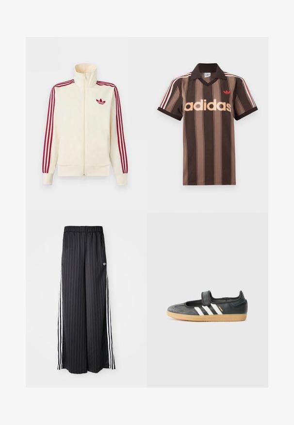Cremefarbener Trainingsjacke mit Reißverschluss, mit roten Drei-Streifen-Details an den Ärmeln und rotem Adidas-Trefoil-Logo auf der Brust.; Braunes gestreiftes Adidas-Poloshirt mit V-Ausschnitt, bordeauxrotem Kragen und rotem Logo. Mit weißen und roten Schulterstreifen, kurzen Ärmeln.; Schwarzfarbene, weit geschnittene Hosen mit vertikalen weißen Streifen, elastischem Bund und drei weißen Streifen an der Seite. Adidas-Logo auf der Vorderseite.; Schwarze Leder- und Wildledersneaker mit einem Klettverschluss, ausgestattet mit drei weißen Streifen und einer Gummisohle, beschriftet mit "SAMBA" an der Seite.