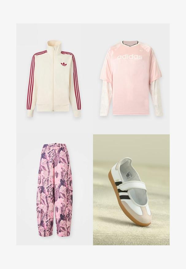Kremfarvet lynlås-træningsjakke med rødt tre-stribe-detalje på ærmerne og rødt Adidas trefoil-logo på brystet.; Lyserød Adidas langærmet trøje med hvide mønstrede mesh-ærmer og Adidas-logo på brystet mod en grå baggrund.; Lyserøde og lilla mønstrede vide bukser har et blad- og grenmønster, med høj talje og sidelommer for ekstra funktionalitet.; Hvid sko med en lyserød ruskindforfod, sorte striber og en velcrorem. Har en lys gummi sål og et logo på siden.