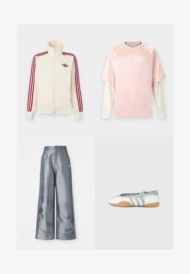 Kreemikas tõmblukuga spordijakk, millel on punased kolmerealised triibud varrukatel ja punane Adidas trefoil logo rinnal.; Heleroosa Adidas pika varrukaga särk, millel on valged mustriga võrkmaterjalist varrukad ning Adidas logo rinnal hallil taustal.; Laiad püksid läikivast hallist materjalist, valgete külgtriipudega ja põlevate mustritega alumistes jalgades. Nööp ja lukku kinnitamine vööl.; Valged ja hallid baleriinakingad ümara varbaga ja elastse paelaga, millel on kolm halli triipu ning beež kummist tald.