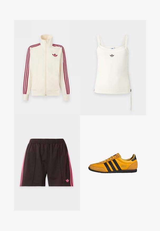 Kremfarvet lynlås-træningsjakke med rødt tre-stribe-detalje på ærmerne og rødt Adidas trefoil-logo på brystet.; Cremefarvet tanktop med tynde stropper; Adidas-logo i sort på brystet. Glat stof med en snorejustering ved kanten. Enkel design.; Sorte atletikshorts med pinke sidelister, elastisk talje, lynlåslommer og en lille pink Adidas-logo på venstre ben.; Gul lædersneakers med sorte striber, snørebånd, perforeret tå og teksturerede hælforskelle mærket "adidas Japan." Gummiydersål.