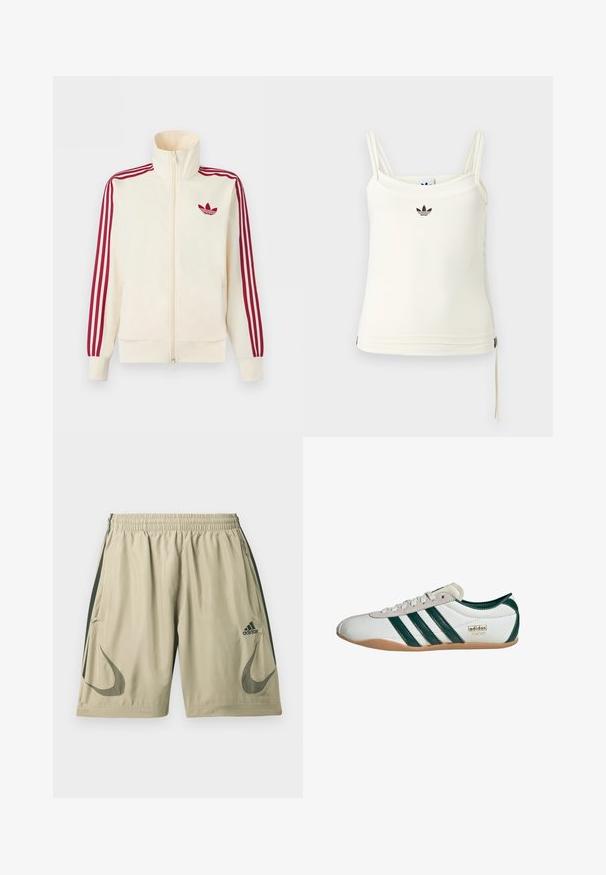 Cremefarbener Trainingsjacke mit Reißverschluss, mit roten Drei-Streifen-Details an den Ärmeln und rotem Adidas-Trefoil-Logo auf der Brust.; Cremefarbenes Tanktop mit dünnen Trägern; Adidas-Logo in Schwarz auf der Brust. Glatter Stoff mit Kordelzug-Detail am Saum. Einfaches Design.; Hellbeige sportliche Shorts aus leichtem Stoff, mit dunkelgrünen Seitenstreifen, einem elastischen Bund und Logo-Akzenten.; Weiße Sneaker mit grünen Streifen, Obermaterial aus Wildleder und Synthetik, Gummisohle, runde Zehenform und Detail mit dem "adidas TOKYO" Logo.