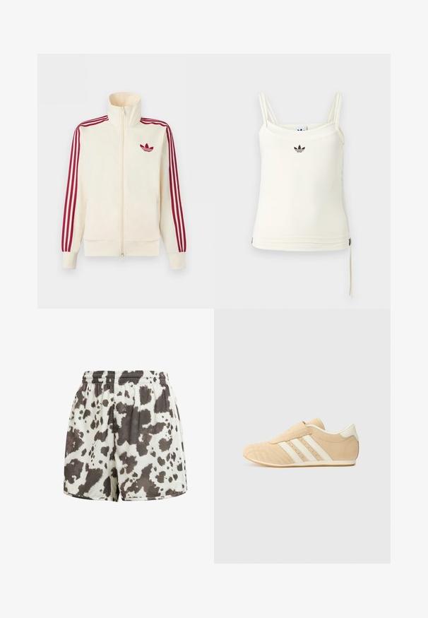 Kremfarvet lynlås-træningsjakke med rødt tre-stribe-detalje på ærmerne og rødt Adidas trefoil-logo på brystet.; Cremefarvet tanktop med tynde stropper; Adidas-logo i sort på brystet. Glat stof med en snorejustering ved kanten. Enkel design.; Hvide shorts med elastisk talje og løs pasform med uregelmæssigt mørkebrunt ko-mønster.; Brune og creme atletiksko med overdel i glat læder, tre hvide striber på siden og en rund tå. Tekstureret overdel med perforeringer.
