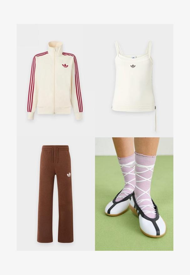 Kremfarvet lynlås-træningsjakke med rødt tre-stribe-detalje på ærmerne og rødt Adidas trefoil-logo på brystet.; Cremefarvet tanktop med tynde stropper; Adidas-logo i sort på brystet. Glat stof med en snorejustering ved kanten. Enkel design.; Brune sweatpants i blødt stof med en afslappet pasform, der har en elastisk talje, snørre og et hvidt logo på venstre lår.; Ben iført ribbet lilla sokker med hvide krydsede stropper kombineret med hvide balletsko med sort kant på grøn gulv.