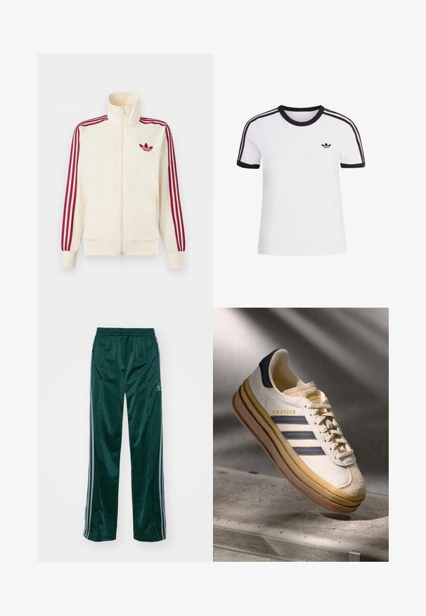 Krémová bežecká bunda na zips s červenými tromi pruhmi na rukávoch a červeným logom Adidas trefoil na hrudi.; Biele tričko s krátkym rukávom s čiernymi detailmi, s okrúhlym výstrihom a tromi čiernymi pruhmi na každom ramene. Malé čierne logo na hrudi.; Tmavozelené športové nohavice vyrobené z lesklého materiálu, s bočnými pruhmi v svetlošedej farbe a vyšitým logom na ľavom stehne.; Tenisky Adidas Gazelle so smotanovým semišovým horným dielom, modrými koženými akcentmi, tromi modrými pruhmi, béžovou medzipodrážkou a hnedou gumovou podrážkou.