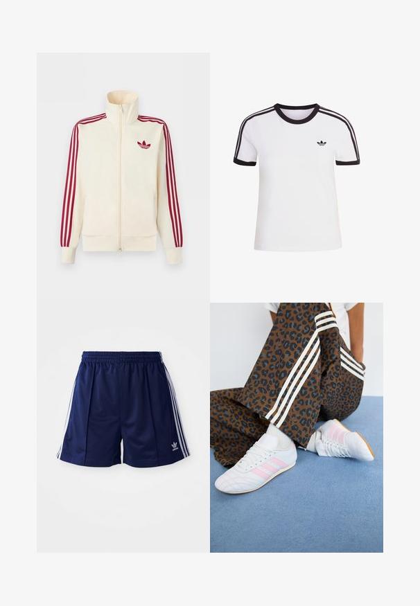 Kremfarvet lynlås-træningsjakke med rødt tre-stribe-detalje på ærmerne og rødt Adidas trefoil-logo på brystet.; Hvid kortærmet t-shirt med sorte detaljer, der har rund halsudskæring og tre sorte striber på hver skulder. Lille sort logo på brystet.; Marine atletikshorts lavet af letvægtsmateriale, med hvide sidelister og et broderet logo nederst til venstre. Elastisk talje.; Hvide atletiske sko med lyserøde striber, kombineret med brune leopardmønstret bukser med hvide sidelister, på et blåt tæppe.