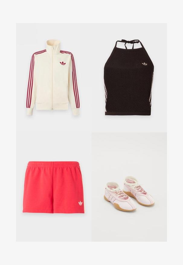 Kermanvärinen vetoketjullinen vetopaita, jossa punaiset kolmen raidan yksityiskohdat hihoissa ja punainen Adidas-trefoil-logo rinnassa.; Musta verkkohalkioinen crop-top piikkikuviolla. Siinä on vaaleanpunaiset korosteraita ja pieni logo edessä. Solmittava takaosa.; Punaiset urheilushortsit, joissa on joustava vyötärönauha ja pieni valkoinen Adidas-logo vasemman alaraajan alareunassa, yksinkertaisen taustan edessä.; Vaaleanpunaiset kangaskengät, joissa on pehmeä pinta, nauhakiinnitys ja kumipohja. Koristetehosteet ja kolme raitaa sivussa.