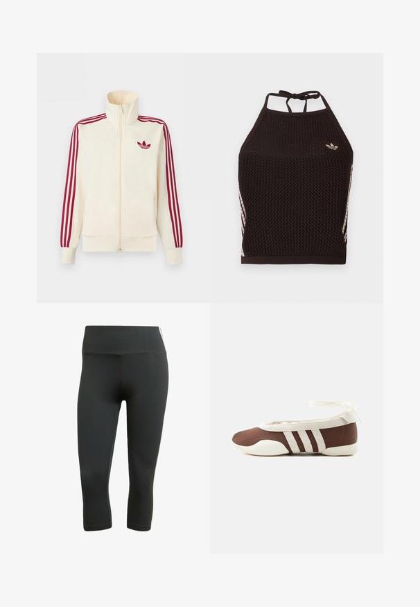 Krémová bežecká bunda na zips s červenými tromi pruhmi na rukávoch a červeným logom Adidas trefoil na hrudi.; Čierny sieťovaný crop top so štruktúrovaným dizajnom. Má ružové akcentové pruhy a malú logo na prednej strane. Zaviazanie na chrbte.; Čierne kapri legíny vyrobené z elastického materiálu, s širokým pásom a bielymi bočnými pruhmi pre kontrast a detail.; Hnedá a biela baletná balerína s tromi bielymi pruhmi a mašľou na zviazanie okolo členku na jednoduchom svetlom pozadí.