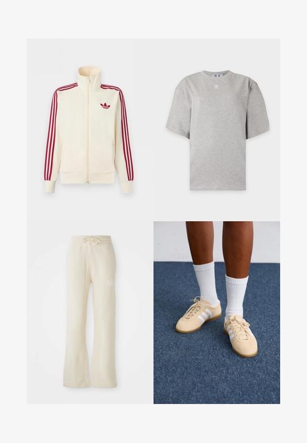Kreemikas tõmblukuga spordijakk, millel on punased kolmerealised triibud varrukatel ja punane Adidas trefoil logo rinnal.; Helehall Adidas lühikeste varrukatega t-särk, ümara kaelusega ja väikese valge Adidas logoga rinnal, esitatud lihtsal taustal.; Kreemikasv värvi dressipüksid pehme tekstuuriga, millel on nööriotstega vöökoht ja laia säärega disain. Vasakul puusal on diskreetne logo.; Isik kannab beežide Adidas'e spordijalatsite, millel on valged triibud, ja valgeid lühikesi sokke, seistes sinise vaipkattega põrandal.