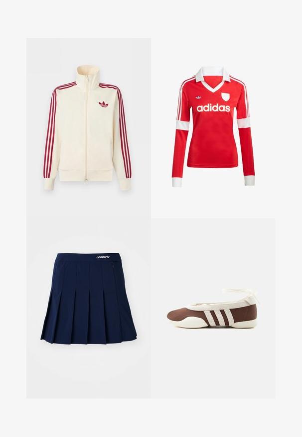Krémová bežecká bunda na zips s červenými tromi pruhmi na rukávoch a červeným logom Adidas trefoil na hrudi.; Červený futbalový dres s dlhým rukávom a bielym golierom a manžetami. Na ramenách sú tri biele pruhy a výrazne zobrazené logo "adidas".; Námornícky skládací sukňa vyrobená z ľahkého materiálu; má elastický pás a malú zipsovú kapsu, s bielym logom Adidas vpredu.; Hnedá a biela baletná balerína s tromi bielymi pruhmi a mašľou na zviazanie okolo členku na jednoduchom svetlom pozadí.
