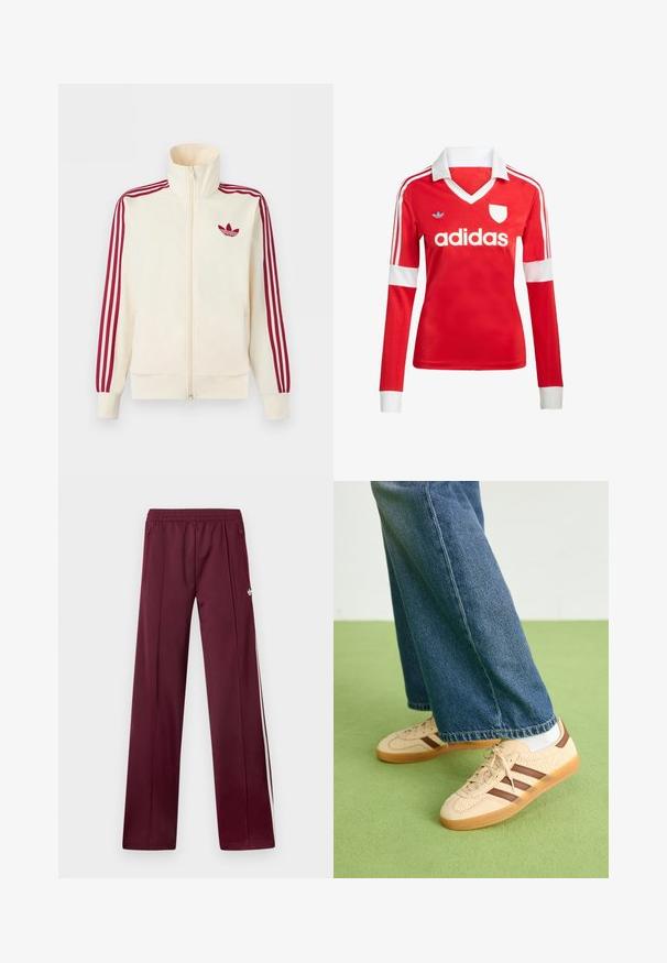 Kremfarvet lynlås-træningsjakke med rødt tre-stribe-detalje på ærmerne og rødt Adidas trefoil-logo på brystet.; Rød langærmet fodboldtrøje med hvid krave og manchetter. Har tre hvide striber på skuldrene og "adidas" logoet fremtrædende vist.; Bordeaux løbebukser med elastisk taljebånd, sidelommer med lynlås, hvide sidelommer og et lille hvidt Adidas-logo på højre lår.; Beige sneakers med teksturerede cremefarvede paneler og brune striber, parret med blå denim jeans. Jeansene har brede ben og en frynset kant.