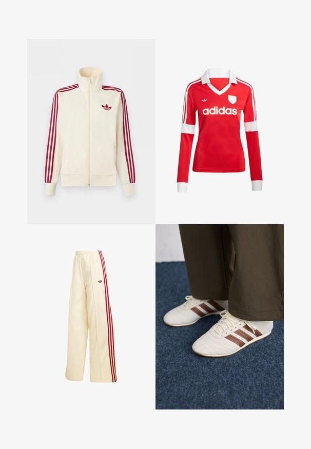 Cremefarbener Trainingsjacke mit Reißverschluss, mit roten Drei-Streifen-Details an den Ärmeln und rotem Adidas-Trefoil-Logo auf der Brust.; Rotes Fußballtrikot mit langen Ärmeln, weißem Kragen und weißen Ärmelbündchen. Es hat drei weiße Streifen auf den Schultern und das "adidas"-Logo ist auffällig platziert.; Cremefarbene weite Trainingshose mit roten Seitenstreifen, elastischem Bund, Reißverschlusstasche und rotem Adidas-Logo am Oberschenkel.; Weiße Sneaker mit braunen Streifen, getragen mit braunen Hosen auf einem blauen Teppichboden.