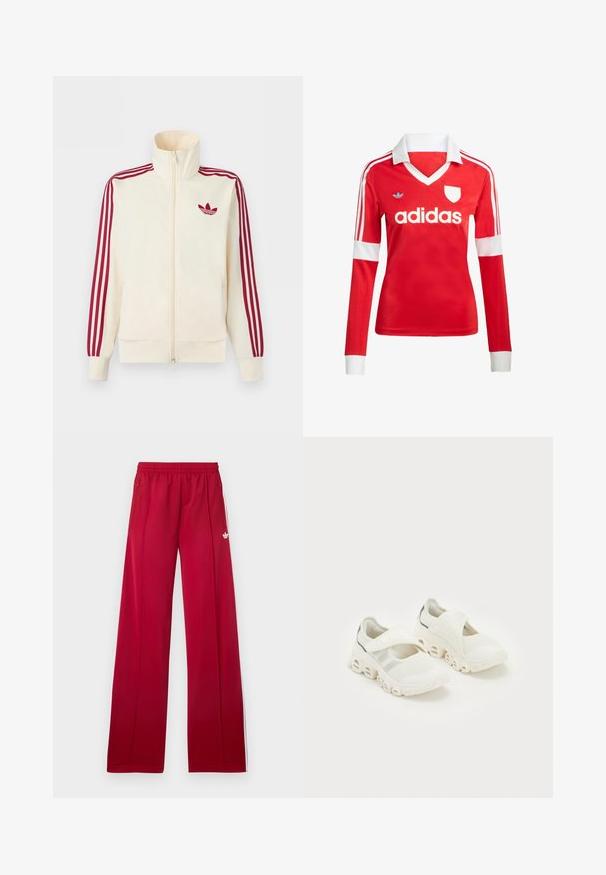 Krémová bežecká bunda na zips s červenými tromi pruhmi na rukávoch a červeným logom Adidas trefoil na hrudi.; Červený futbalový dres s dlhým rukávom a bielym golierom a manžetami. Na ramenách sú tri biele pruhy a výrazne zobrazené logo "adidas".; Červené široké teplákové nohavice s elastickým pásom, bočnými zipsovými vreckami, bielymi pruhmi po stranách a malým bielym logom na ľavom stehne.; Biele tréningové tenisky z priedušného materiálu so zapínaním na pásik, polstrovanou podporou člena a výrazným zakriveným dizajnom podrážky s vyhĺbenými časťami.