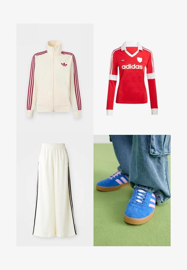 Kreemikas tõmblukuga spordijakk, millel on punased kolmerealised triibud varrukatel ja punane Adidas trefoil logo rinnal.; Punane pikade varrukatega jalgpallipluus valge krae ja varrukateotstega. Omab kolme valget triipu õlgadel ja väljapaistvat "adidas" logo.; Valged laiad püksid, millel on elastne vöökoht ja mustad vertikaalsed triibud välisseintel.; Sinised sametkingad roosade triipudega ja valgete paeltega, millel on kummist tallad, kombineeritud laia teksapükstega rohelisel pinnal.