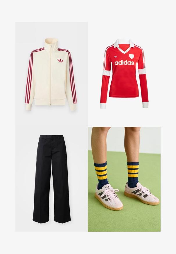 Cremefarbener Trainingsjacke mit Reißverschluss, mit roten Drei-Streifen-Details an den Ärmeln und rotem Adidas-Trefoil-Logo auf der Brust.; Rotes Fußballtrikot mit langen Ärmeln, weißem Kragen und weißen Ärmelbündchen. Es hat drei weiße Streifen auf den Schultern und das "adidas"-Logo ist auffällig platziert.; Schwarze, weit geschnittene Hose aus weichem Baumwollstoff. Verfügt über einen klassischen Bund, seitliche Taschen und einen geraden Schnitt bis zum Saum.; Helle rosa Wildledersneaker mit schwarzen Streifen und Gummisohlen, kombiniert mit navyblauen und gelben gestreiften Rippsocken. Grüner strukturierter Boden.