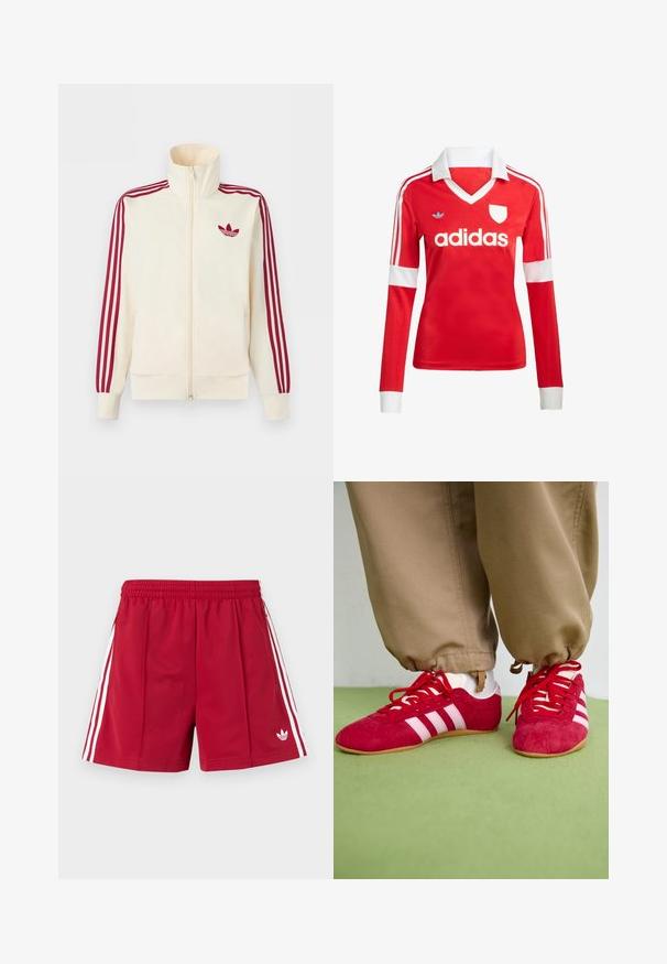 Roomkleurig trainingsjack met ritssluiting, rode drie-strepen op de mouwen en een rood Adidas trefoil-logo op de borst.; Rode lange mouwen voetbalshirt met een witte kraag en manchetten. Heeft drie witte strepen op de schouders en het "adidas" logo prominent weergegeven.; Rode atletische shorts met elastische tailleband, witte zijstrepen, zakken met rits en een klein wit Adidas-logo op het voorste linkerbeen.; Rode suède sportschoenen met witte strepen, vlakke rubberen zool en rode veters. Draag met beige broeken, gepositioneerd op een groene ondergrond.