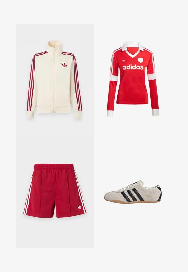 Krémová bežecká bunda na zips s červenými tromi pruhmi na rukávoch a červeným logom Adidas trefoil na hrudi.; Červený futbalový dres s dlhým rukávom a bielym golierom a manžetami. Na ramenách sú tri biele pruhy a výrazne zobrazené logo "adidas".; Červené atletické šortky s elastickým pásom, bielymi bočnými pruhmi, vreckami so zipsom a malým bielym logom Adidas na prednej ľavej nohe.; Semišové tenisky so šedým zvrškom, čiernymi pruhmi a gumovou podrážkou. Majú šnurovanie a zlatý logový detail na boku.