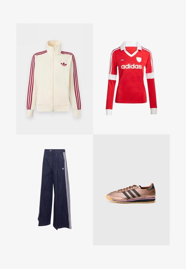 Kremfarvet lynlås-træningsjakke med rødt tre-stribe-detalje på ærmerne og rødt Adidas trefoil-logo på brystet.; Rød langærmet fodboldtrøje med hvid krave og manchetter. Har tre hvide striber på skuldrene og "adidas" logoet fremtrædende vist.; Mørkeblå vidde jeans med hvide lodrette striber på siderne og et Adidas-logo nær lommen.; Bronzefarvede sportssko med tre sorte striber, glat overflade, snørebåndsdesign, kontrasterende lys brun sål med lilla accent, retro stil.