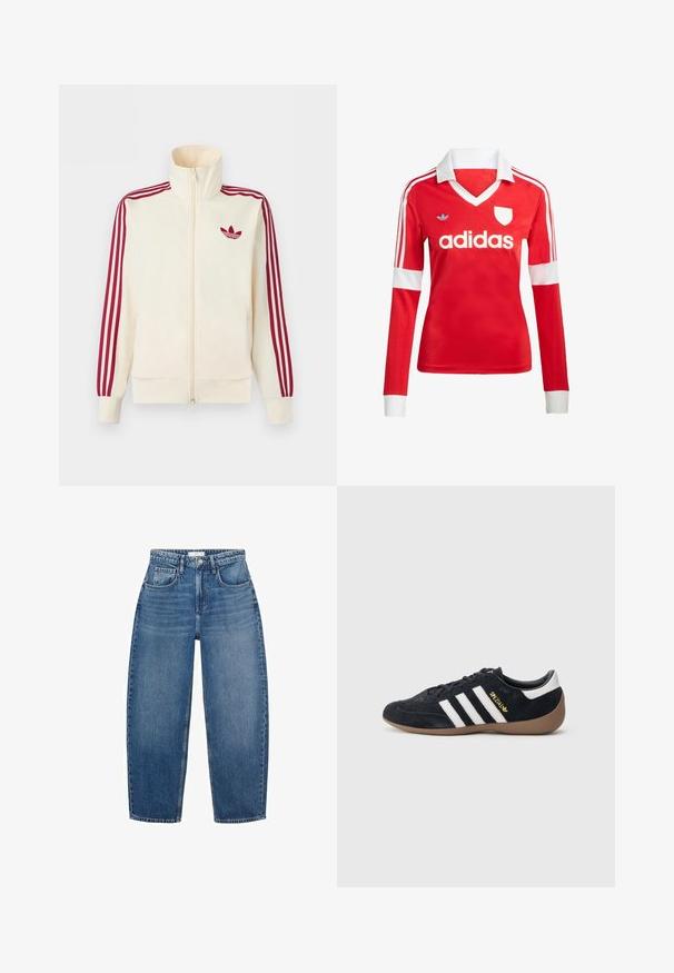 Roomkleurig trainingsjack met ritssluiting, rode drie-strepen op de mouwen en een rood Adidas trefoil-logo op de borst.; Rode lange mouwen voetbalshirt met een witte kraag en manchetten. Heeft drie witte strepen op de schouders en het "adidas" logo prominent weergegeven.; Hoge taille blauwe denim jeans met een rechte pijp, voorzien van vijf zakken, riemlussen en subtiele vervaging voor extra textuur.; Zwarte suède sneaker met drie witte strepen, een rubberen gumzool en een klein gouden logo aan de zijkant. Heeft een gladde zwarte binnenvoering.