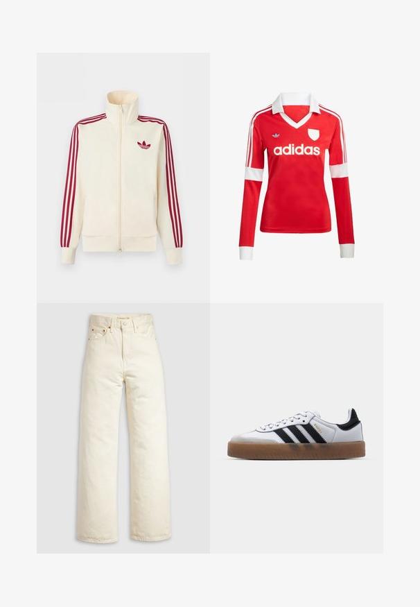 Kremfarvet lynlås-træningsjakke med rødt tre-stribe-detalje på ærmerne og rødt Adidas trefoil-logo på brystet.; Rød langærmet fodboldtrøje med hvid krave og manchetter. Har tre hvide striber på skuldrene og "adidas" logoet fremtrædende vist.; Vidbenede jeans i offwhite denim med høj talje, kobbernitter og klassisk design med fem lommer. Struktureret stof med rene kanter.; Hvide lædersneakers med sorte striber, gummirubber sål, rund tå, snørelukning og blød grå ruskinds tåhætte.