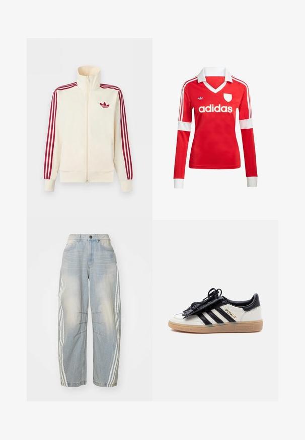 Kreemikas tõmblukuga spordijakk, millel on punased kolmerealised triibud varrukatel ja punane Adidas trefoil logo rinnal.; Punane pikade varrukatega jalgpallipluus valge krae ja varrukateotstega. Omab kolme valget triipu õlgadel ja väljapaistvat "adidas" logo.; Heledad sinine teksarihm, millel on lõtv lõige, valged triibud külgedel, kulunud detailid ja nupuga sulgemine vööl.; Valge ja must Adidas Spezial tossu kummist tallaga, mustade triipude ja musta paelakattega ühtlasel heledal taustal.