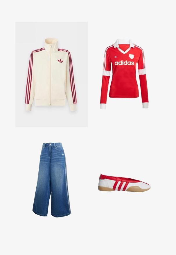 Krémová bežecká bunda na zips s červenými tromi pruhmi na rukávoch a červeným logom Adidas trefoil na hrudi.; Červený futbalový dres s dlhým rukávom a bielym golierom a manžetami. Na ramenách sú tri biele pruhy a výrazne zobrazené logo "adidas".; Džíny s širokými nohavicami v stredne modrej farbe, s vysokým pásom, jemnými švovými detailmi a malým bielym logom na prednej strane.; Červená a biela plochá obuv s okrúhlou špičkou, vyrobená z hladkého syntetického materiálu. Má tri červené pruhy a svetlohnedú gumovú podrážku.