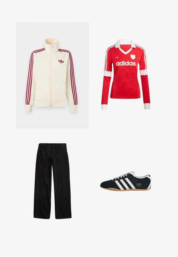 Krémová bežecká bunda na zips s červenými tromi pruhmi na rukávoch a červeným logom Adidas trefoil na hrudi.; Červený futbalový dres s dlhým rukávom a bielym golierom a manžetami. Na ramenách sú tri biele pruhy a výrazne zobrazené logo "adidas".; Čierne denimové nohavice so strihom rovného nohu, so zapínaním na prednom diele a dizajnom s piatimi vreckami. Hladká textúra a minimálne švy.; Čierne semišové tenisky s bielymi tromi pruhmi, zlatým logom a hnedou gumovou podrážkou. Disponujú nízkym šnurovacím dizajnom.