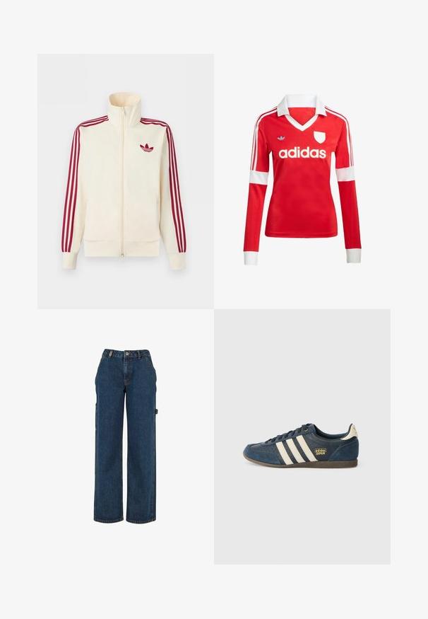 Kremfarvet lynlås-træningsjakke med rødt tre-stribe-detalje på ærmerne og rødt Adidas trefoil-logo på brystet.; Rød langærmet fodboldtrøje med hvid krave og manchetter. Har tre hvide striber på skuldrene og "adidas" logoet fremtrædende vist.; Mørkeblå denim cargobukser med højtaljet, vidde-ben design og sidelommer. Har synlige syninger og metalhardware-detaljer.; Marineblå ruskindsneaker med cremefarvede striber, tekstureret tåområde, gyldent "adidas JAPAN" logo og en brun gummisål. Klassisk low-top design.
