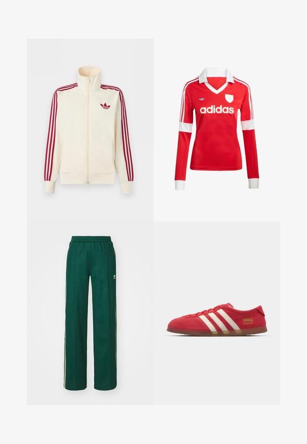 Veste de survêtement à fermeture éclair crème avec détail de trois rayures rouges sur les manches et logo trèfle Adidas rouge sur la poitrine.; Maillot de football à manches longues rouge avec un col et des poignets blancs. Présente trois rayures blanches sur les épaules et le logo "adidas" affiché en évidence.; Pantalons de sport vert foncé avec une coupe décontractée, dotés d'une taille à cordon, de poches latérales et de bandes crème sur les côtés.; Baskets en daim rouge avec un design à trois rayures blanches, semelle plate et détail logo doré. Design bas avec bout arrondi et fermeture à lacets.