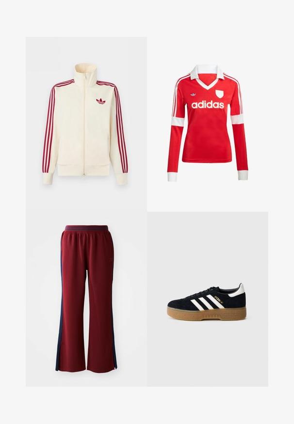Kreemikas tõmblukuga spordijakk, millel on punased kolmerealised triibud varrukatel ja punane Adidas trefoil logo rinnal.; Punane pikade varrukatega jalgpallipluus valge krae ja varrukateotstega. Omab kolme valget triipu õlgadel ja väljapaistvat "adidas" logo.; Punased vabaaja püksid, millel on lai lõige ja tumesinised küljeribad. Mugavust pakkuv elastne vöökoht.; Mustast seemisest toss mustade valgete kolmetriipude ja kuldse logoga. Kummist tald tekstuuriga haardega. Klassikalise madala variandiga, ümara varbaga.