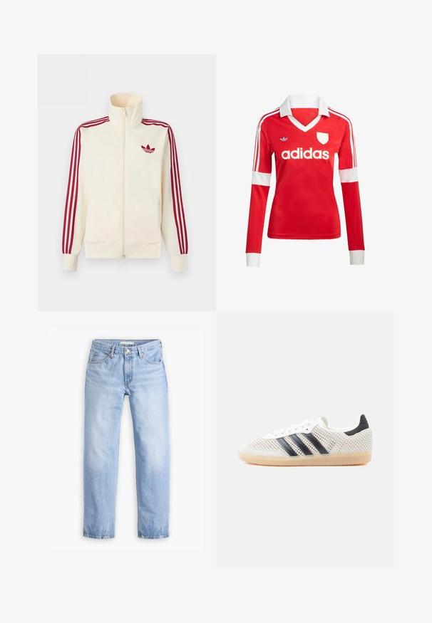 Kremfarvet lynlås-træningsjakke med rødt tre-stribe-detalje på ærmerne og rødt Adidas trefoil-logo på brystet.; Rød langærmet fodboldtrøje med hvid krave og manchetter. Har tre hvide striber på skuldrene og "adidas" logoet fremtrædende vist.; Lyseblå denimjeans med en lige ben-design, fem lommer og en mellemhøj talje. Har en falmet struktur og håndsyet kant.; Hvide mesh-sneakers med sort tre-stribet design, rundet tå og gummisål. Har blød hælkant og snørelukning.